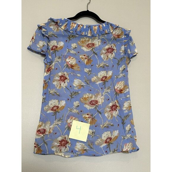 SILK Paige Women's Blue Floral Ruffle Sheer Blouse Top Size Small Flutter Sleeve - Picture 8 of 10